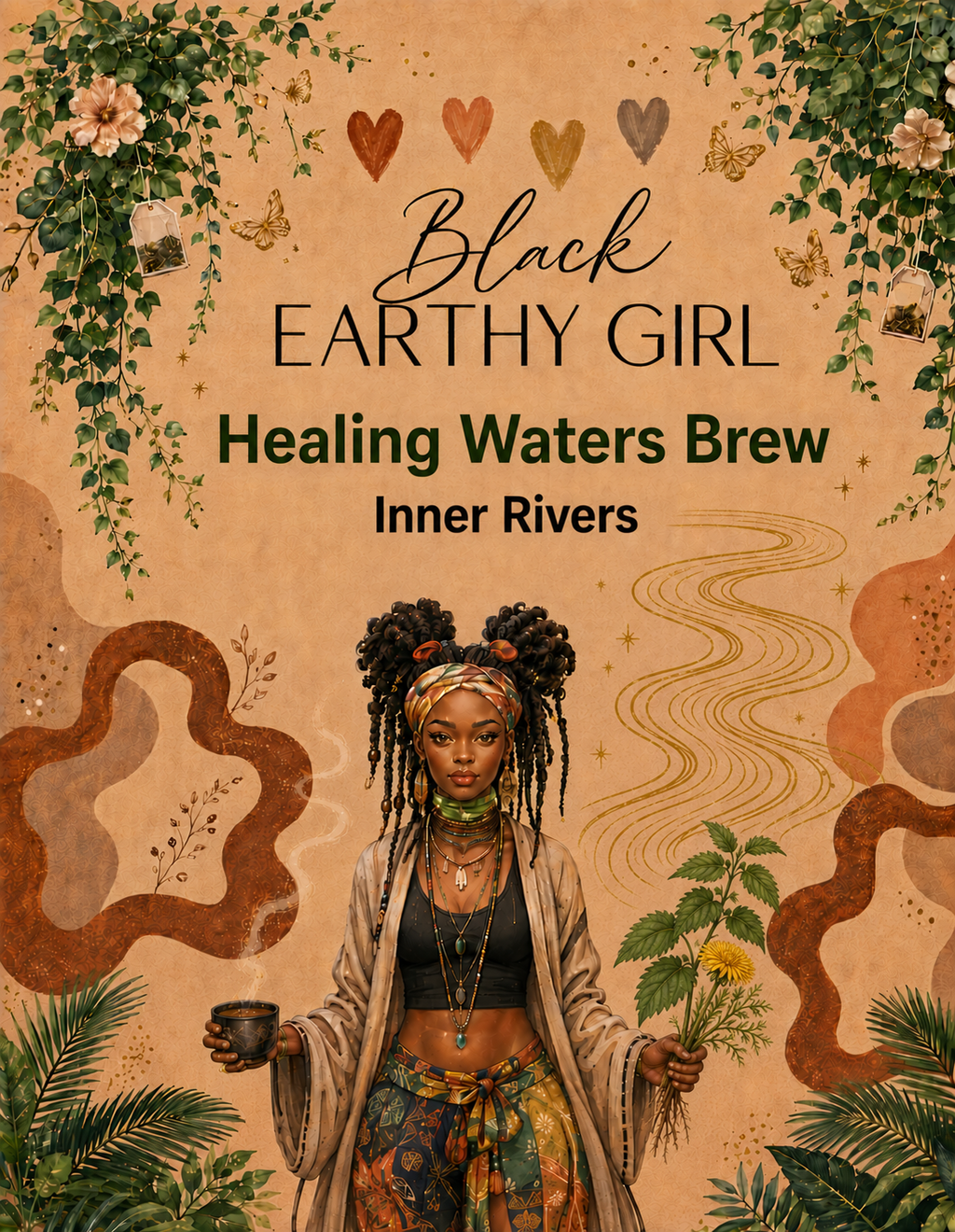 Black Earthy Girl Healing Waters Brew — Inner Rivers loose-leaf herbal tea packaging