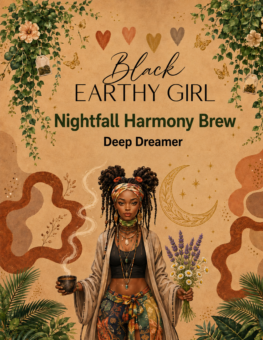 Black Earthy Girl Nightfall Harmony Brew — Deep Dreamer loose-leaf herbal tea packaging