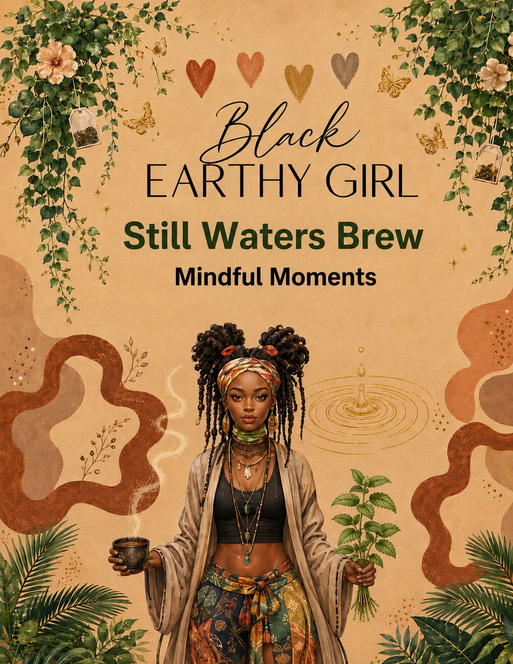 Black Earthy Girl Still Waters Brew — Mindful Moments loose-leaf herbal tea packaging