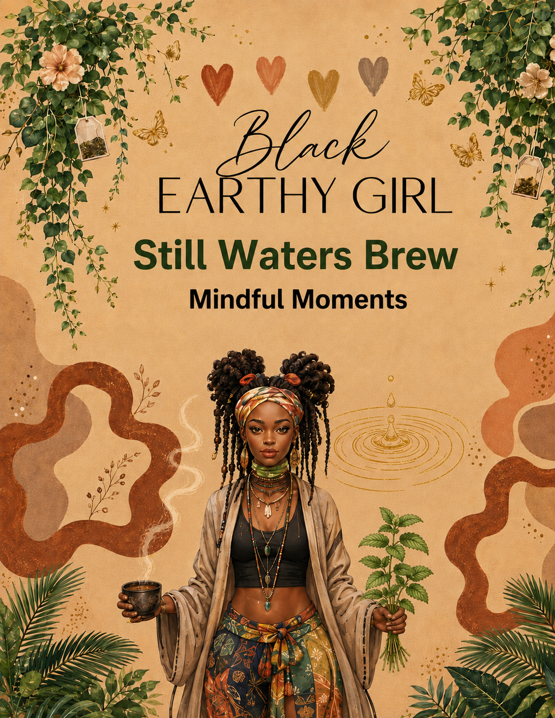 Black Earthy Girl Still Waters Brew — Mindful Moments loose-leaf herbal tea packaging
