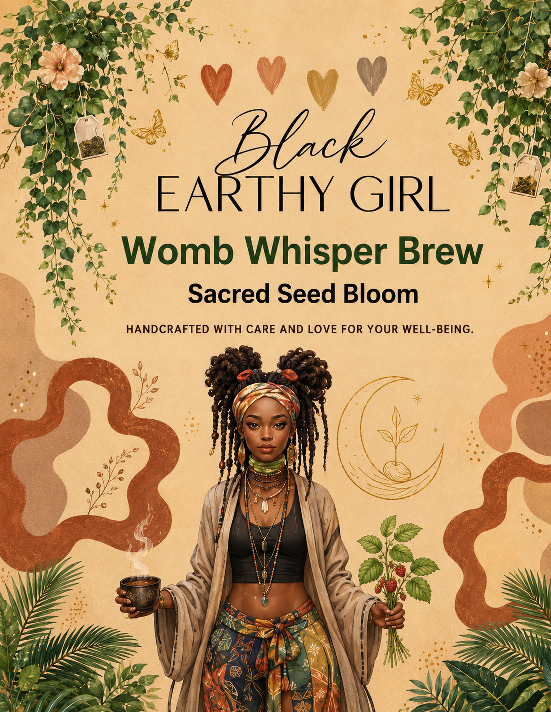 Black Earthy Girl Womb Whisper Brew — Sacred Seed Bloom loose-leaf herbal tea packaging