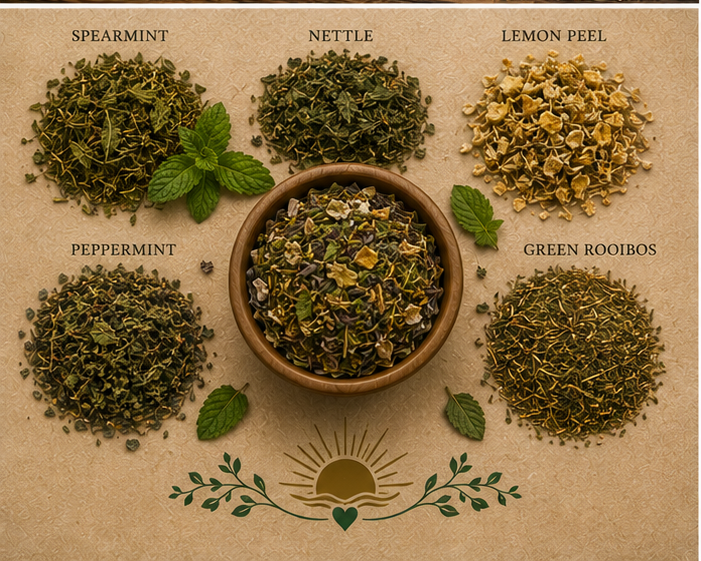 Empower Her Brew Sacred Reset botanical ingredients including spearmint, nettle and lemon peel