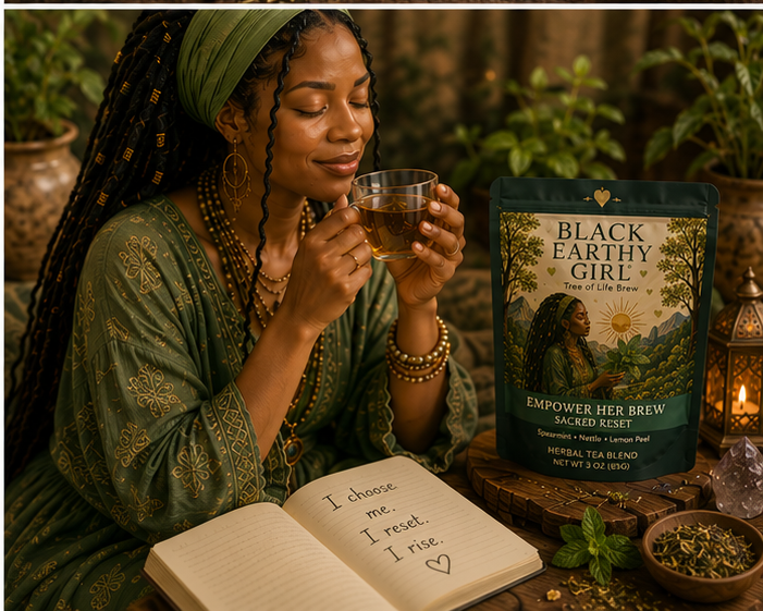 Black woman enjoying Empower Her Brew Sacred Reset herbal tea during a grounding self-care ritual
