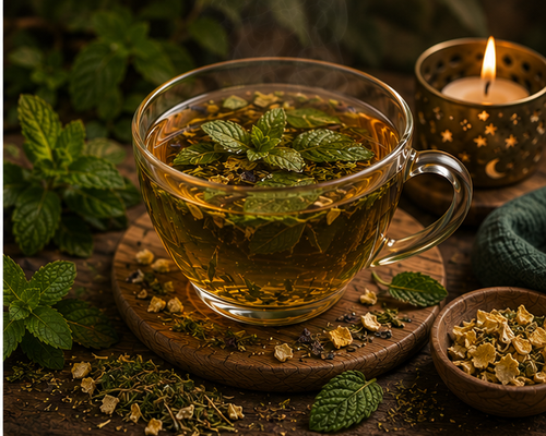 Empower Her Brew Sacred Reset herbal tea in a glass cup with spearmint and botanicals
