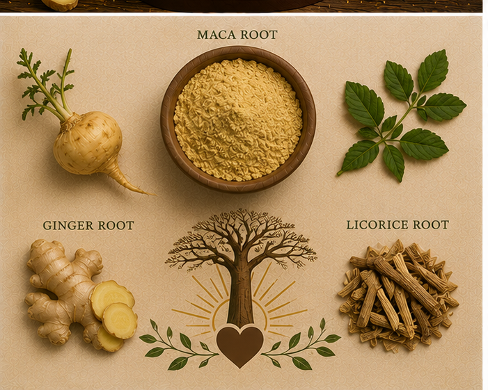 Father's Legacy Brew Seed Strength botanical ingredients including maca, roots, goji berries and ginger