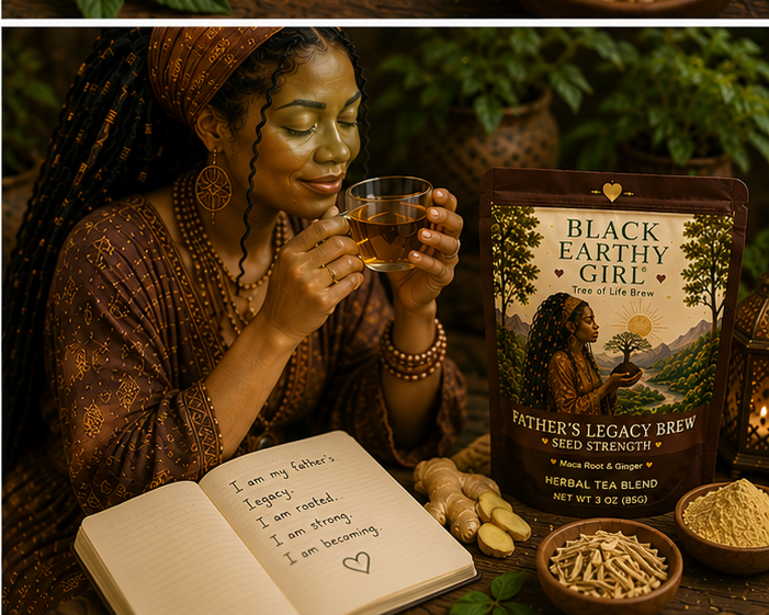 Black man enjoying Father's Legacy Brew Seed Strength herbal tea during a grounded daily ritual