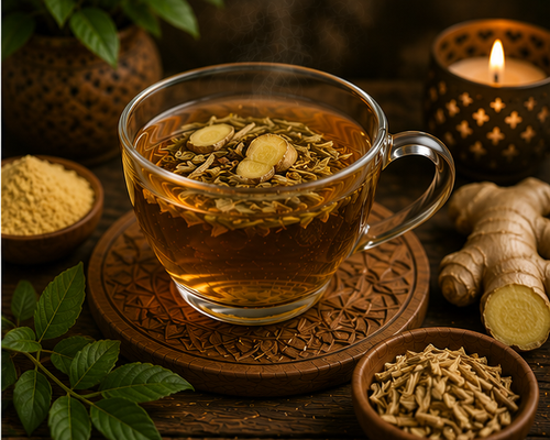 Father's Legacy Brew Seed Strength herbal tea in a glass cup with maca, roots, goji and ginger