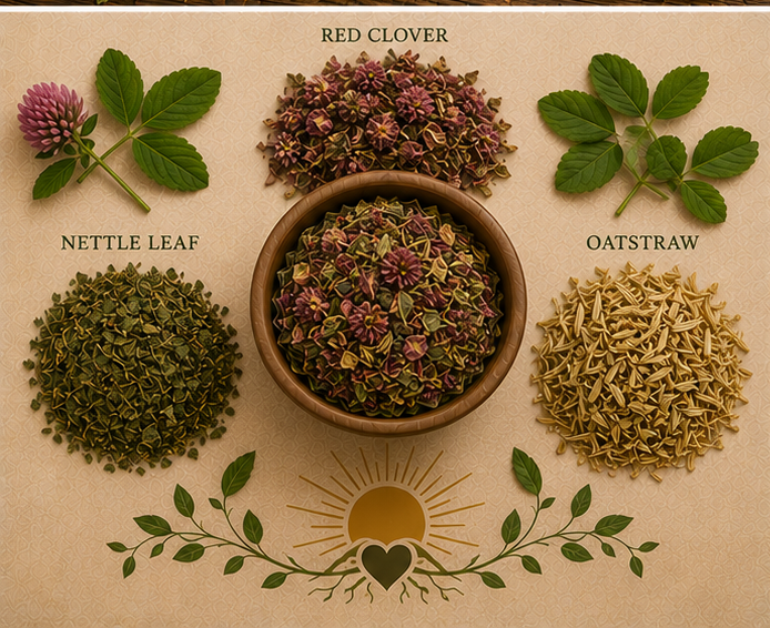 Fertile Ground Brew Rooted & Ready botanical ingredients including red clover, nettle leaf and oatstraw