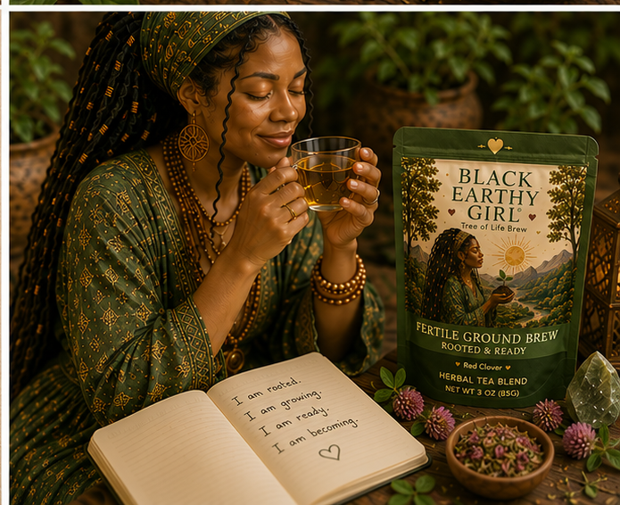 Black woman enjoying Fertile Ground Brew Rooted & Ready herbal tea during a reflective grounding ritual