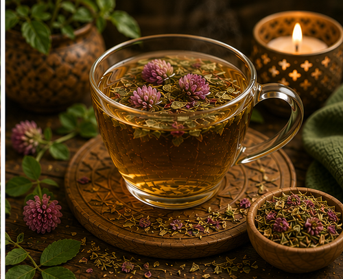 Fertile Ground Brew Rooted & Ready herbal tea in a glass cup with red clover and green botanicals