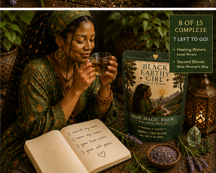 Black woman enjoying Hair Magic Brew Glow & Grow during a beauty-centered self-care ritual