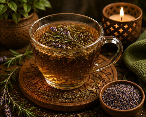 Hair Magic Brew Glow & Grow herbal tea in a glass cup with nettle, rosemary and botanicals