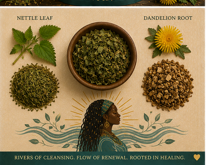 Healing Waters Brew Inner Rivers botanical ingredients including dandelion root and green herbs