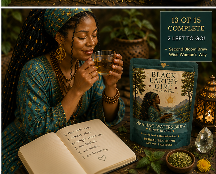 Black woman enjoying Healing Waters Brew Inner Rivers during a quiet grounding tea ritual