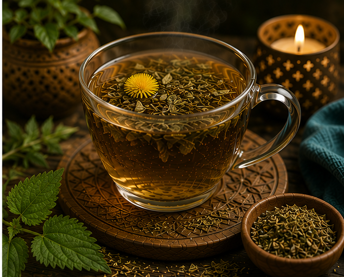 Healing Waters Brew Inner Rivers herbal tea in a glass cup with earthy green botanicals