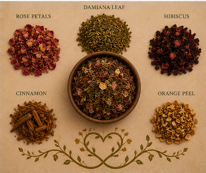 Intimate Harmony Brew Romance Revival botanical ingredients including maca, damiana and cinnamon