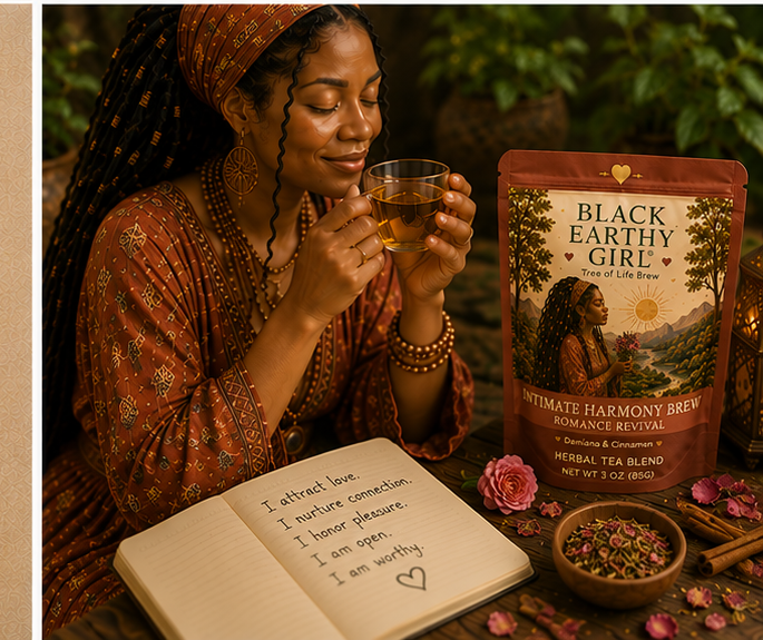 Black woman enjoying Intimate Harmony Brew Romance Revival herbal tea during a slow evening ritual