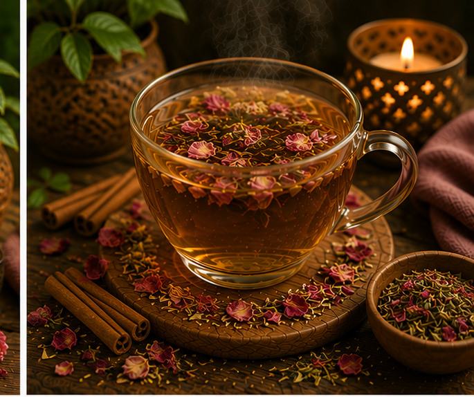 Intimate Harmony Brew Romance Revival herbal tea in a glass cup with warm botanicals