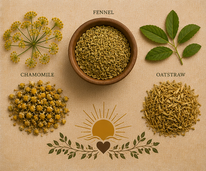 Mama's Nectar Brew Liquid Love botanical ingredients including fennel, chamomile and oatstraw