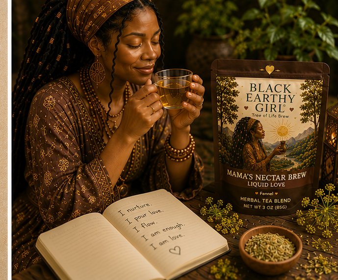 Black woman enjoying Mama's Nectar Brew Liquid Love herbal tea during a nurturing self-care ritual