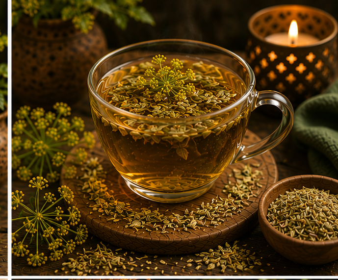 Mama's Nectar Brew Liquid Love herbal tea in a glass cup with fennel and warm botanicals