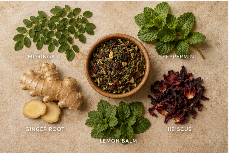 Morning Moringa ingredients including moringa, peppermint, ginger root, lemon balm and hibiscus
