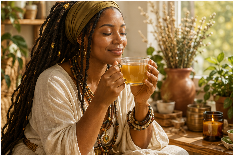 Black woman enjoying a warm cup of Morning Moringa herbal tea in a sunlit morning ritual