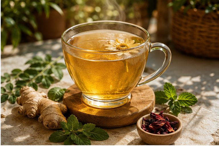 Morning Moringa herbal tea in a glass cup with ginger, mint, moringa and hibiscus