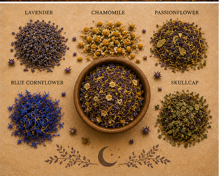 Nightfall Harmony Brew Deep Dreamer botanical ingredients including lavender, chamomile, passionflower, blue cornflower and skullcap