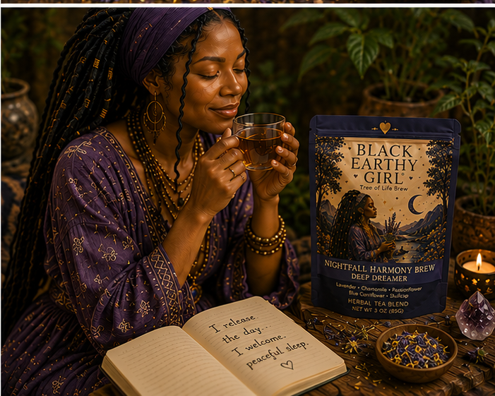 Black woman enjoying Nightfall Harmony Brew Deep Dreamer herbal tea during a quiet evening wind-down ritual