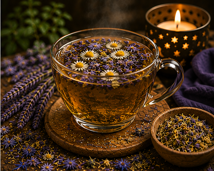 Nightfall Harmony Brew Deep Dreamer herbal tea in a glass cup with lavender, chamomile and botanicals
