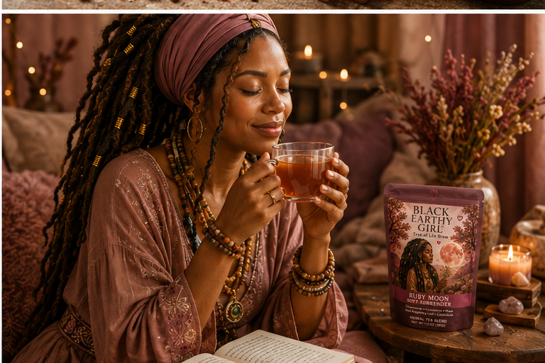 Black woman enjoying Ruby Moon Brew Soft Surrender herbal tea during a cozy evening ritual