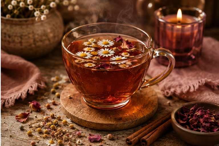 Ruby Moon Brew Soft Surrender herbal tea in a glass cup with chamomile, cinnamon and botanicals