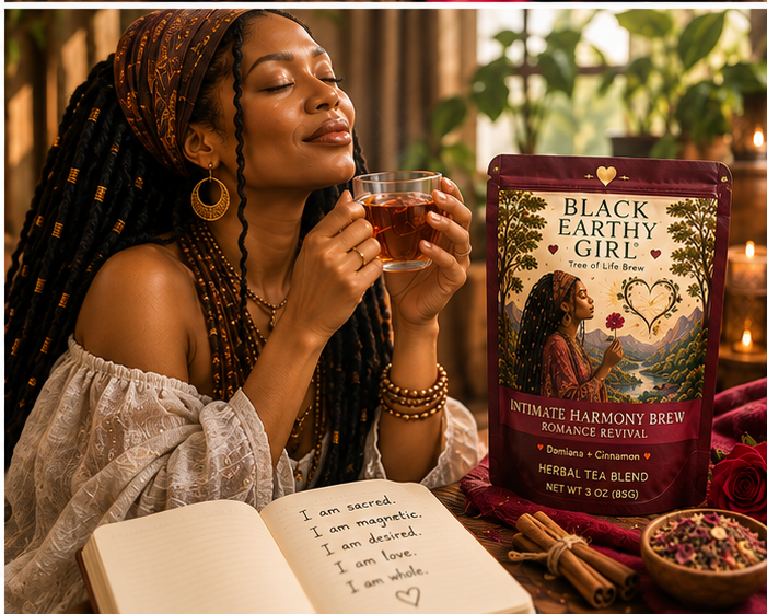 Black woman enjoying Second Bloom Brew Wise Woman's Way during a reflective tea ritual
