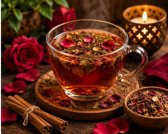 Second Bloom Brew Wise Woman's Way herbal tea in a glass cup with sage, red clover and botanicals