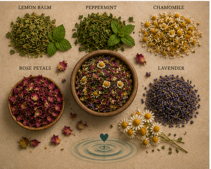 Still Waters Brew Mindful Moments botanical ingredients including lemon balm, peppermint, chamomile, rose petals and lavender