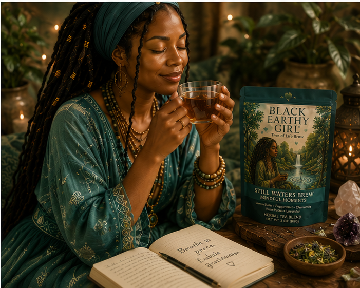 Black woman enjoying Still Waters Brew Mindful Moments herbal tea during a quiet grounding ritual