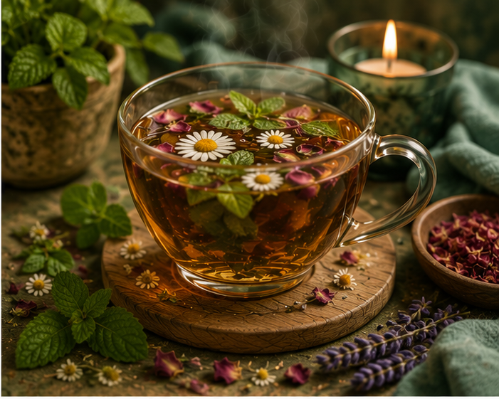 Still Waters Brew Mindful Moments herbal tea in a glass cup with lemon balm, peppermint, chamomile, rose petals and lavender