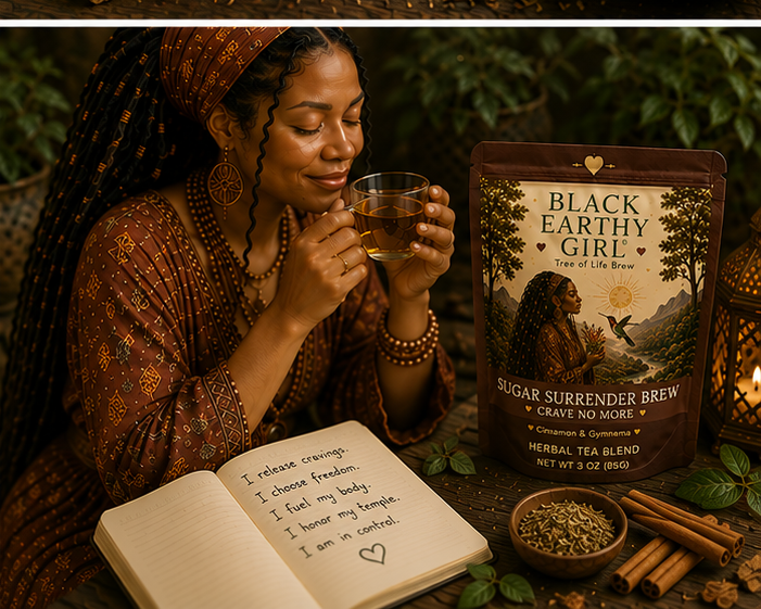 Black woman enjoying Sugar Surrender Brew Crave No More during an intentional afternoon tea ritual