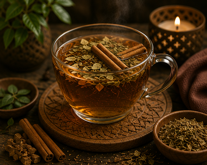 Sugar Surrender Brew Crave No More herbal tea in a glass cup with cinnamon and botanicals