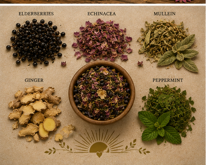 Wellness Warrior Brew Wellness Shield botanical ingredients including elderberries, echinacea, mullein, ginger and peppermint