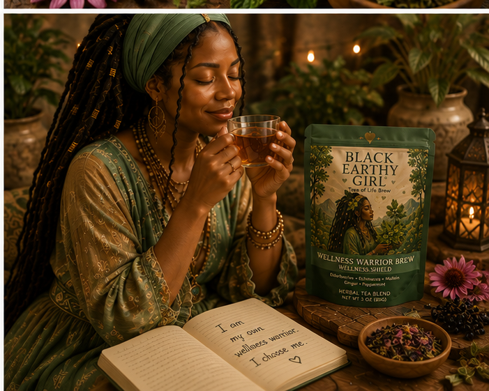 Black woman enjoying Wellness Warrior Brew Wellness Shield herbal tea during a cozy seasonal ritual