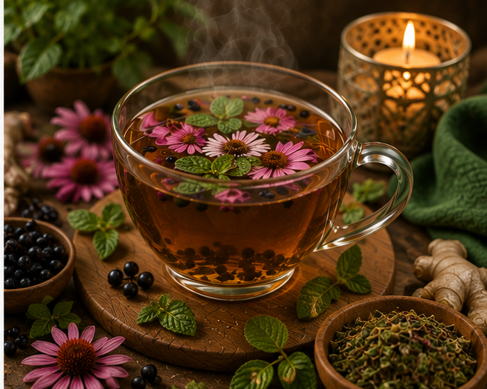Wellness Warrior Brew Wellness Shield herbal tea in a glass cup with elderberries, echinacea, mullein, ginger and peppermint
