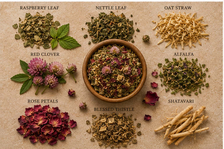 Womb Whisper Brew botanicals including raspberry leaf, nettle, oat straw and red clover