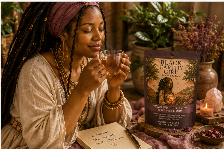 Black woman enjoying Womb Whisper Brew during a quiet tea ritual