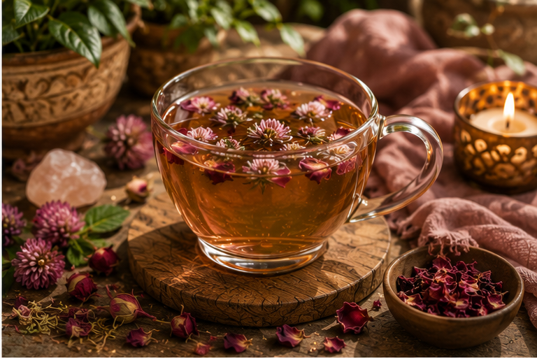 Womb Whisper Brew herbal tea in a glass cup with botanicals